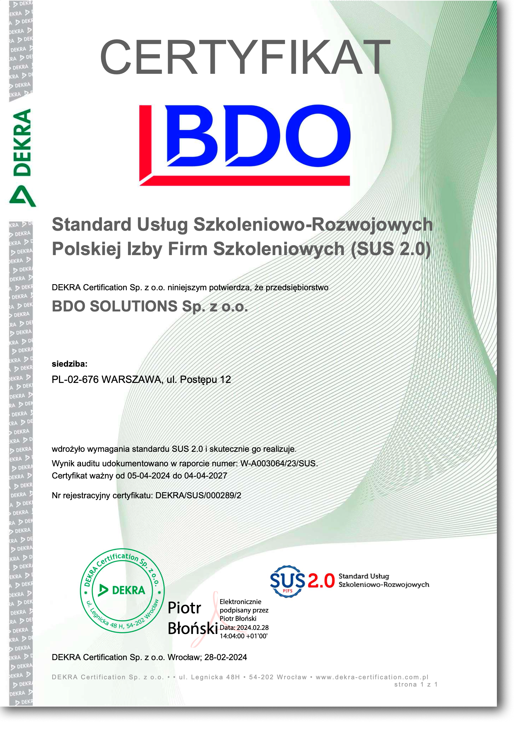 2018 BDO SOLUTIONS certyfikat SUS